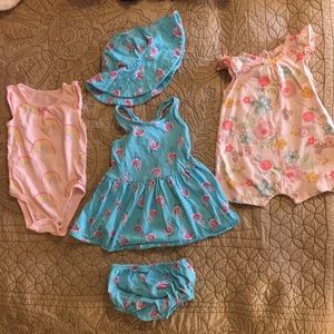 3 outfits flamingo/blue dress + jumper + onesie 9M